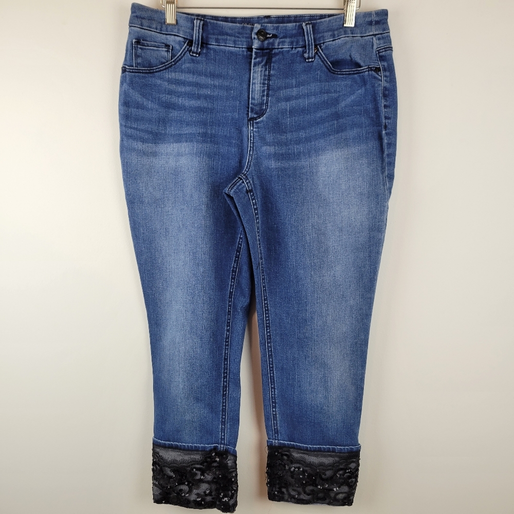 Chico’s So Slimming Ankle Jeans 1P Petite Medium (8–10P) Lace‎ Hem Stretch Denim